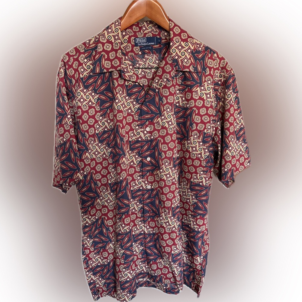 Ralph Lauren Men's Burgundy and Navy Patterned Shirt